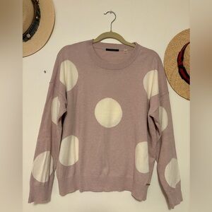 T Tahari Blush Pink Crewneck Sweater with Cream Polka Dots